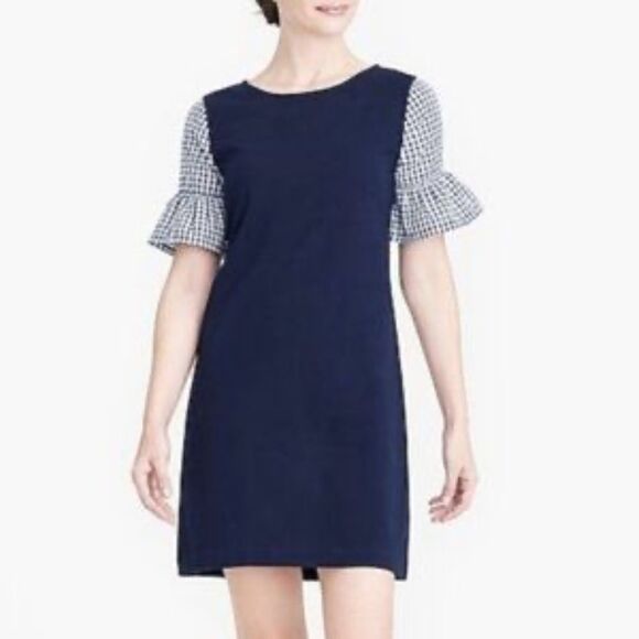 J. Crew Women's Gingham Print Bell Sleeve Navy Dress XXS - Picture 2 of 5